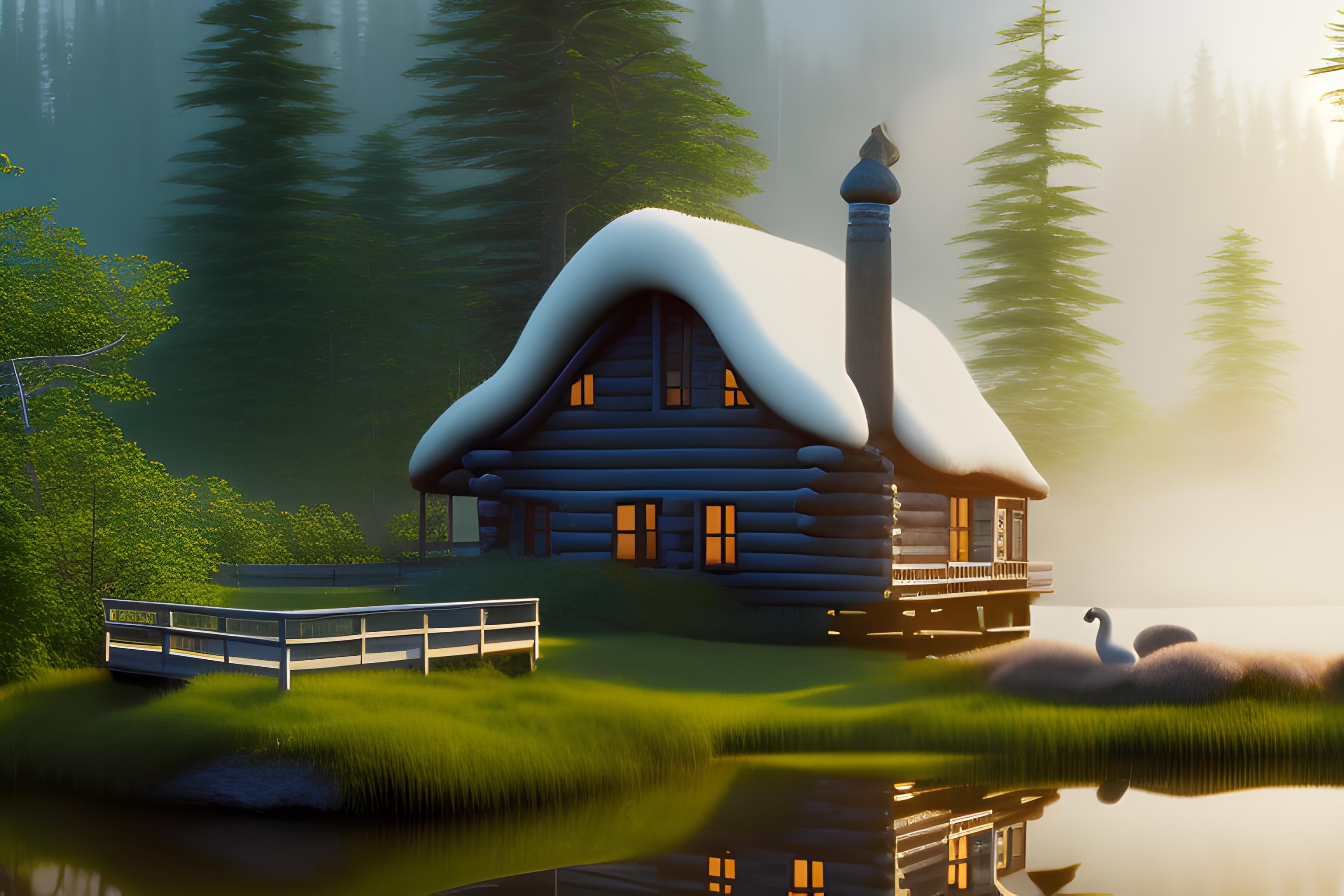 Create an image of A cozy fisherman's wooden cabin at the edge of a lush green forest, next to a small calm lake. White smoke gently billowing from the stone chimney. On the crystal clear lake, a beautiful white mother swan is swimming peacefully with her small, fluffy grey cygnets following behind. Cinematic lighting, morning mist, hyper-realistic, digital art, 8k resolution, aspect ratio 16:9. with Bing Image Creator


